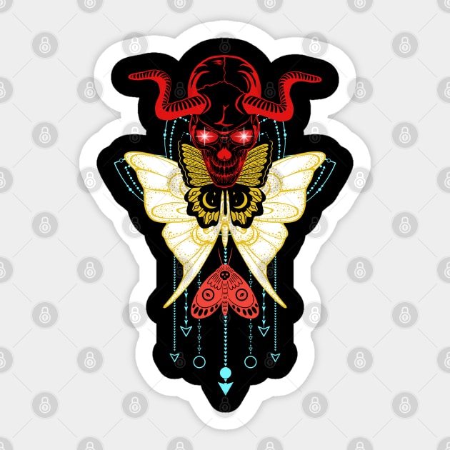 RED Horned skull with hand drawn butterfly and scared geometric symbol Sticker by MertoVan